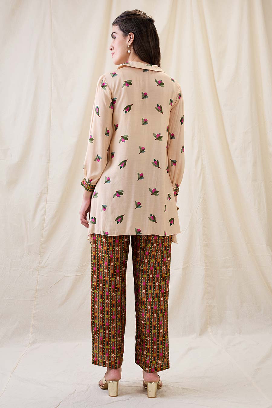Beige Gulzaar Printed Co-Ord Set With Jacket