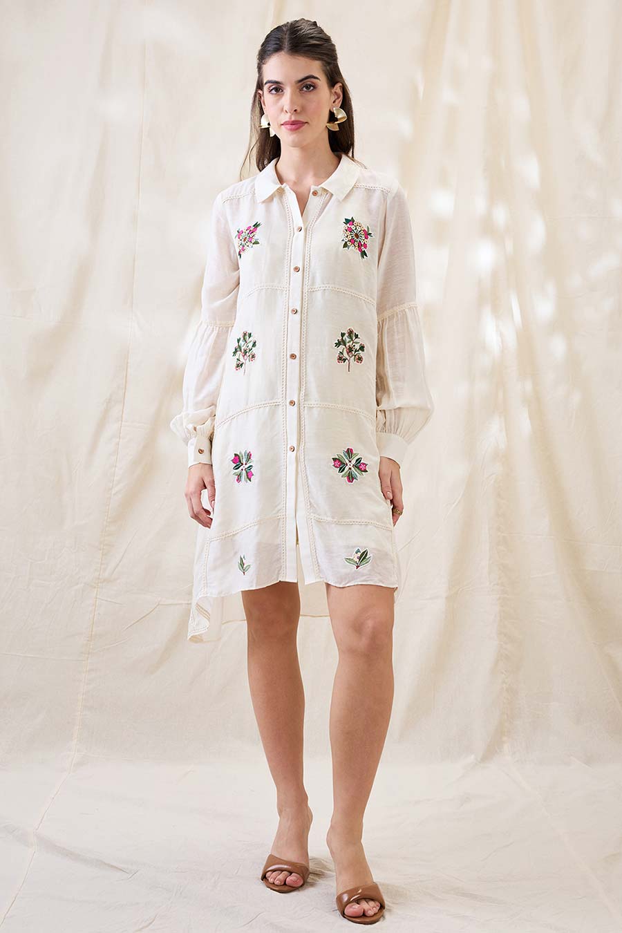 White Gulzaar Applique A-Line Shirt Dress