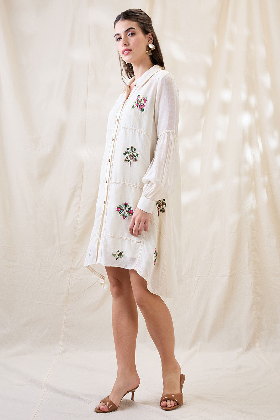 White Gulzaar Applique A-Line Shirt Dress
