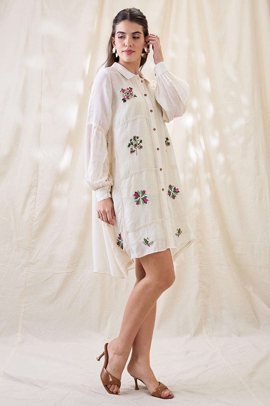White Gulzaar Applique A-Line Shirt Dress