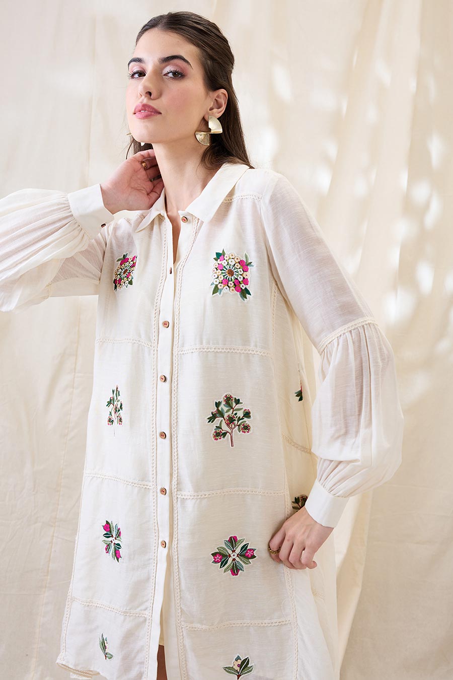 White Gulzaar Applique A-Line Shirt Dress
