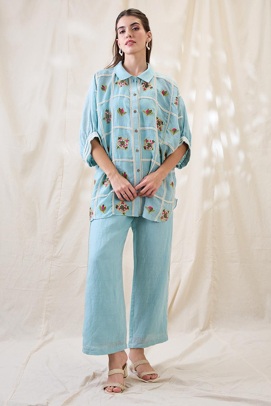 Blue Linen Gulzaar Applique Co-Ord Set
