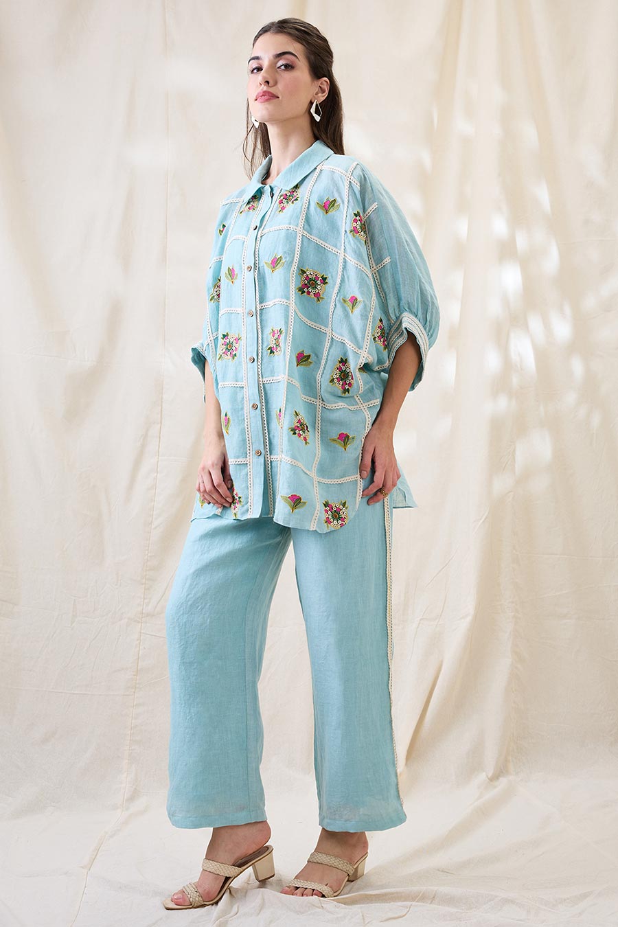 Blue Linen Gulzaar Applique Co-Ord Set