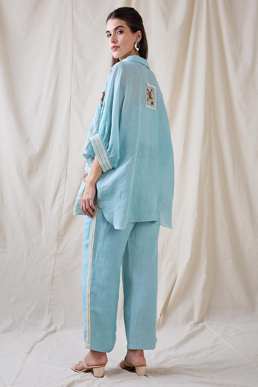 Blue Linen Gulzaar Applique Co-Ord Set