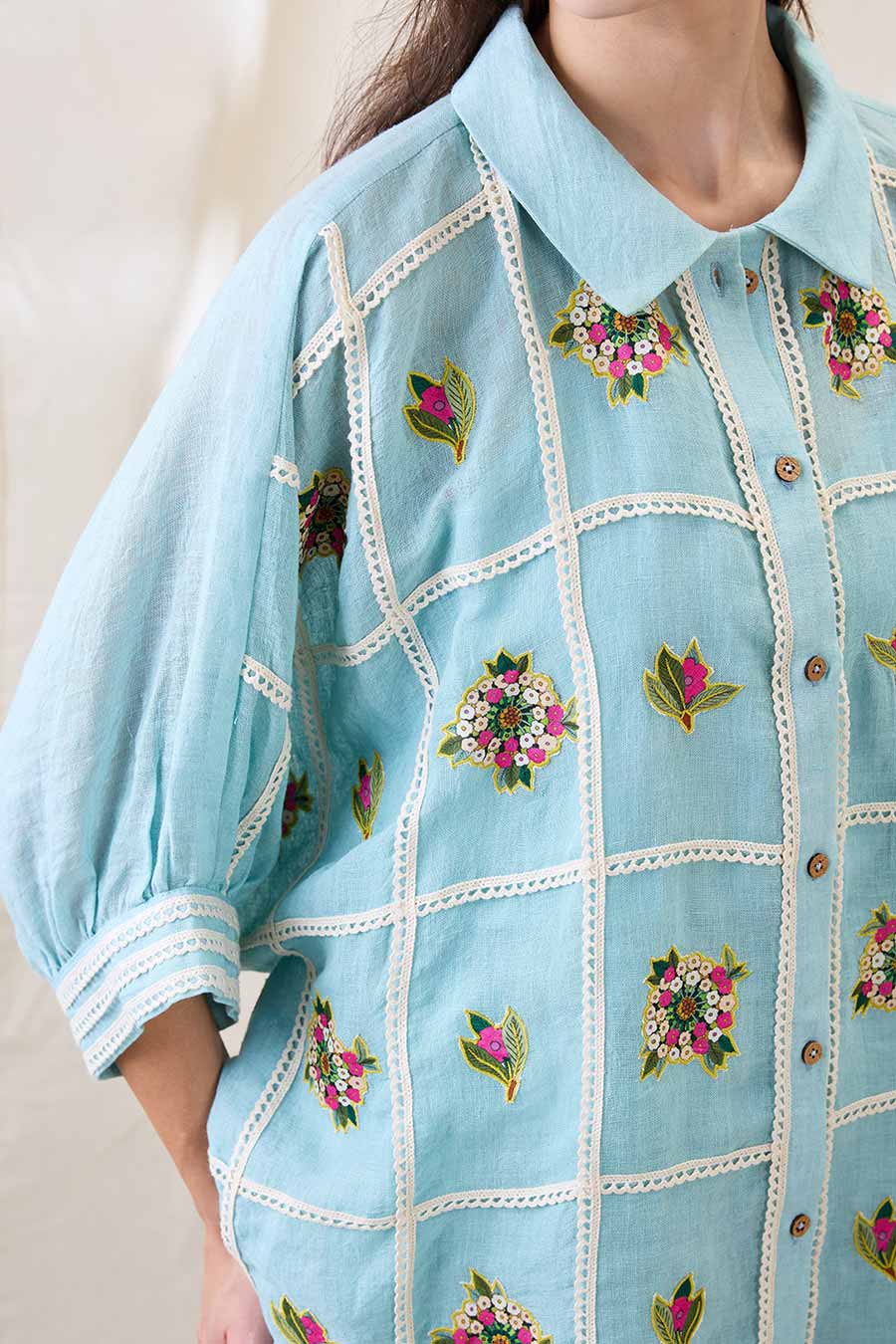 Blue Linen Gulzaar Applique Co-Ord Set