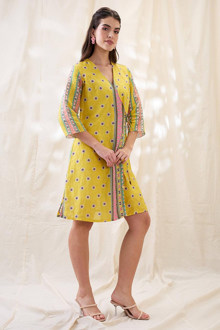 Yellow Nooma Printed Angrakha Midi Dress