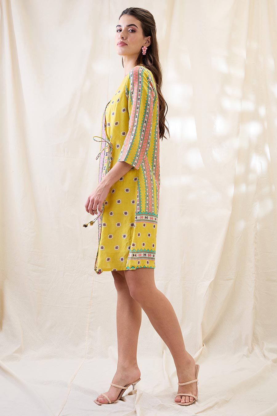 Yellow Nooma Printed Angrakha Midi Dress