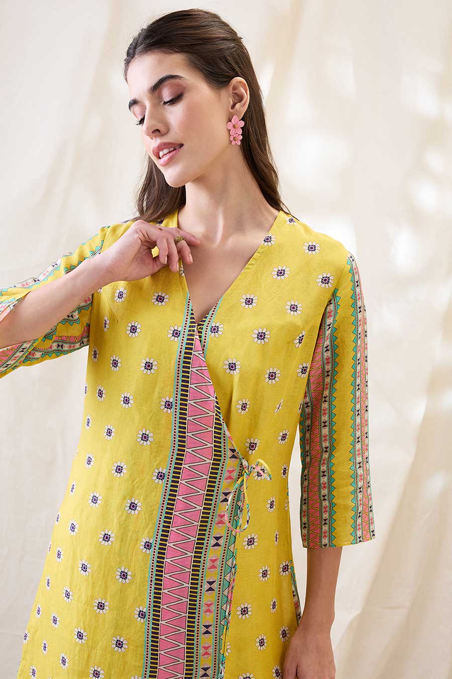 Yellow Nooma Printed Angrakha Midi Dress