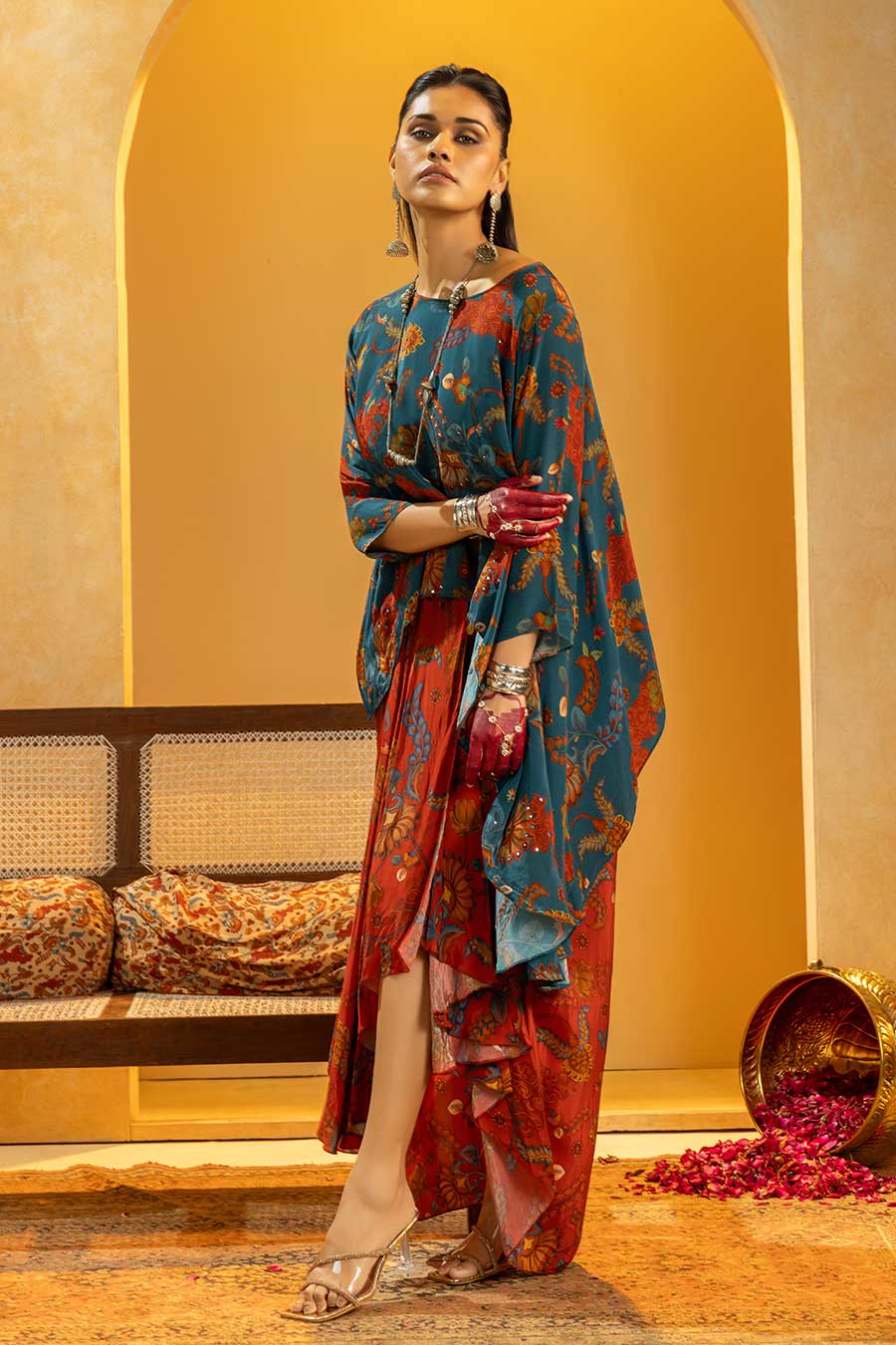 Rangtara Embellished Top & Drape Skirt Set