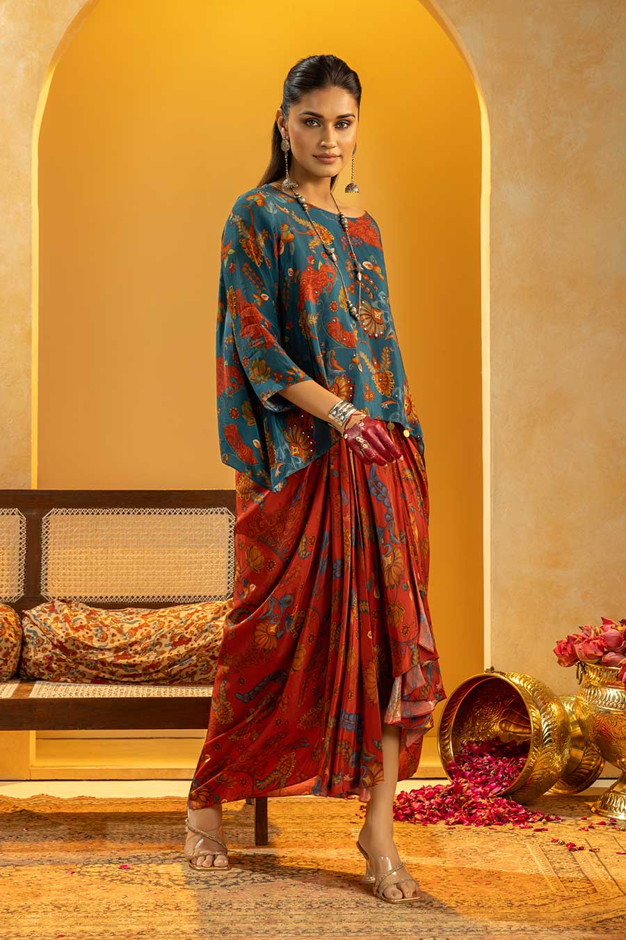 Rangtara Embellished Top & Drape Skirt Set