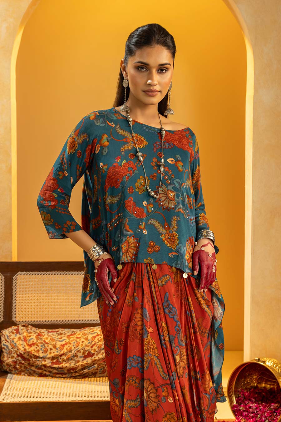 Rangtara Embellished Top & Drape Skirt Set