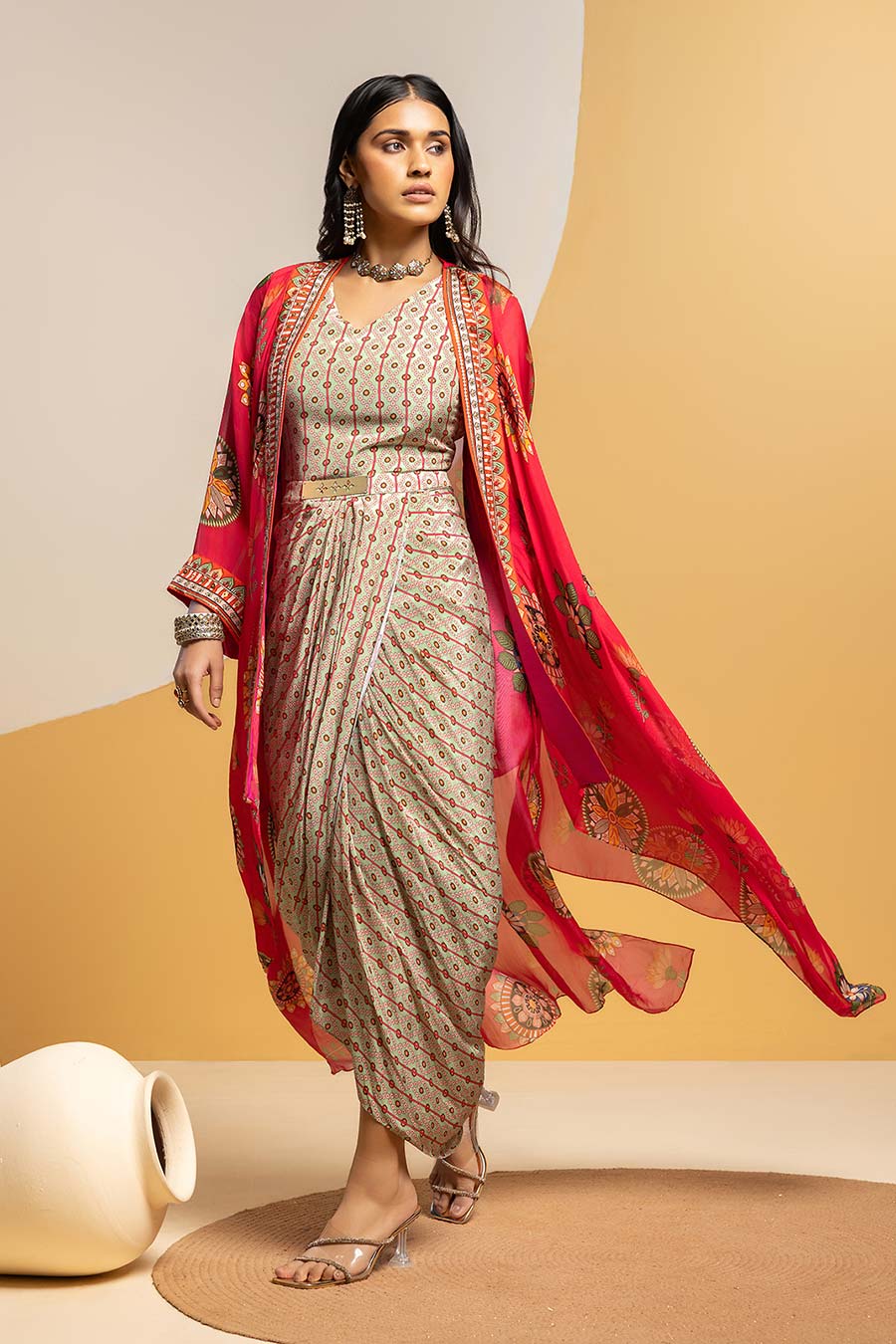 Taarani Drape Dress & Embellished Jacket Set