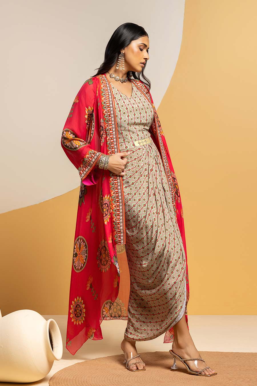 Taarani Drape Dress & Embellished Jacket Set