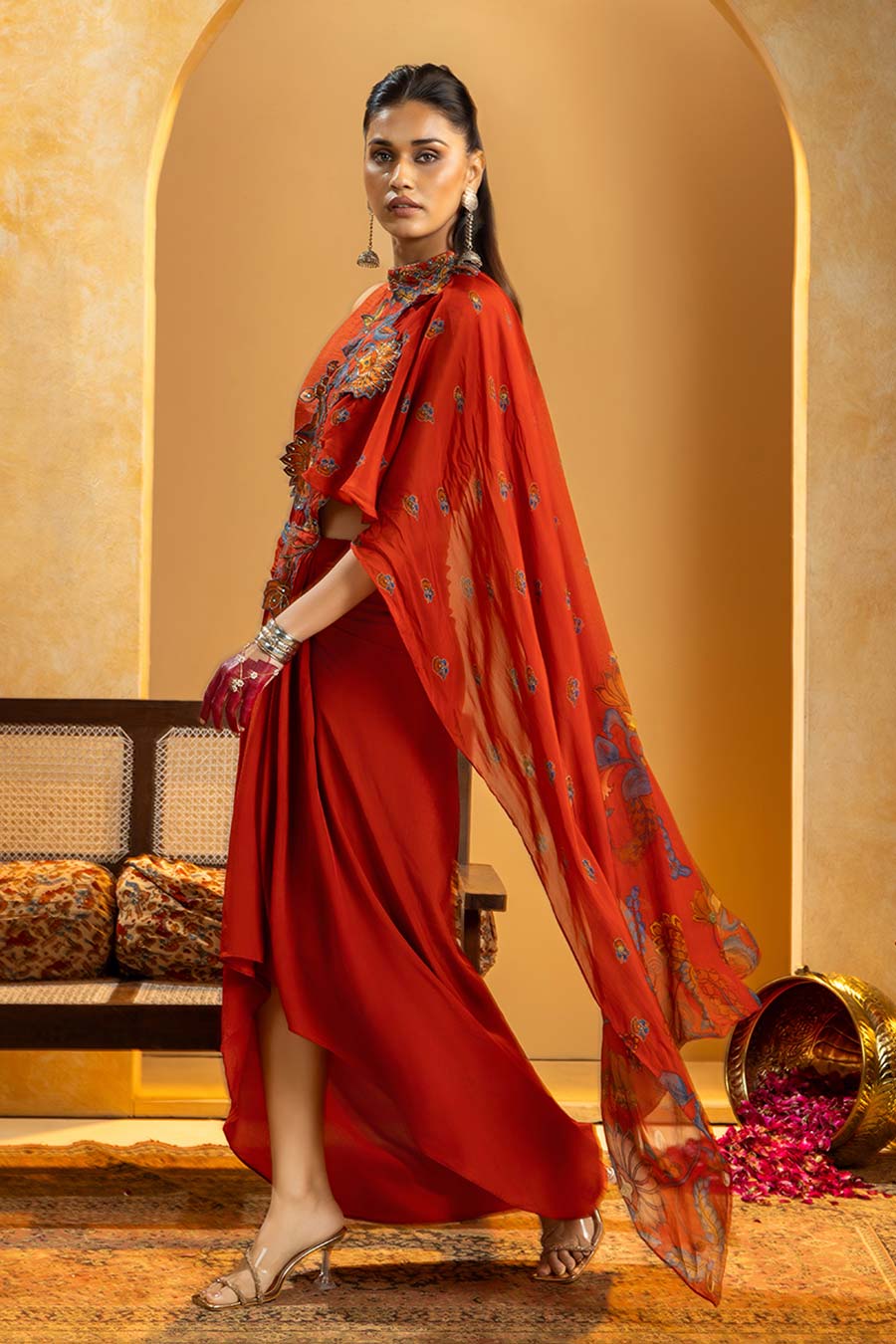 Rangtara Appliqued Pre-Stitched Saree & Blouse Set