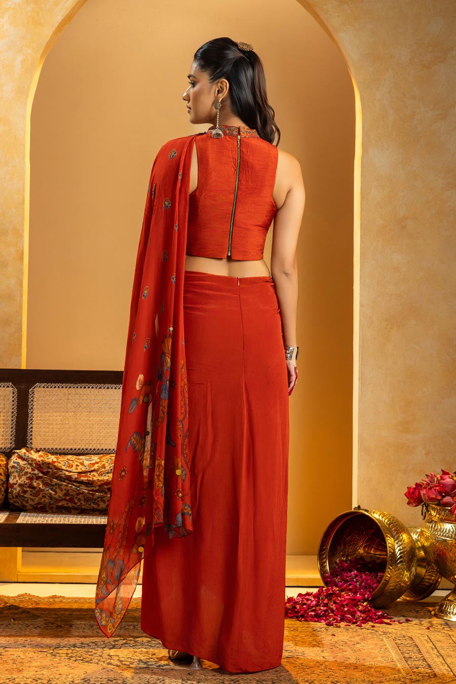 Rangtara Appliqued Pre-Stitched Saree & Blouse Set