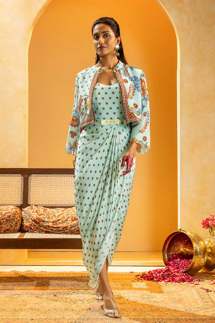 Rangtara Drape Dress & Embellished Jacket Set