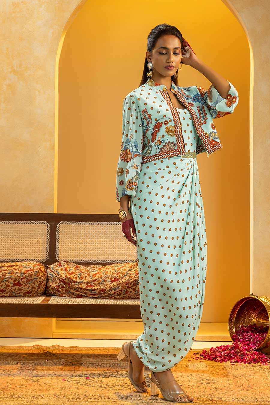 Rangtara Drape Dress & Embellished Jacket Set