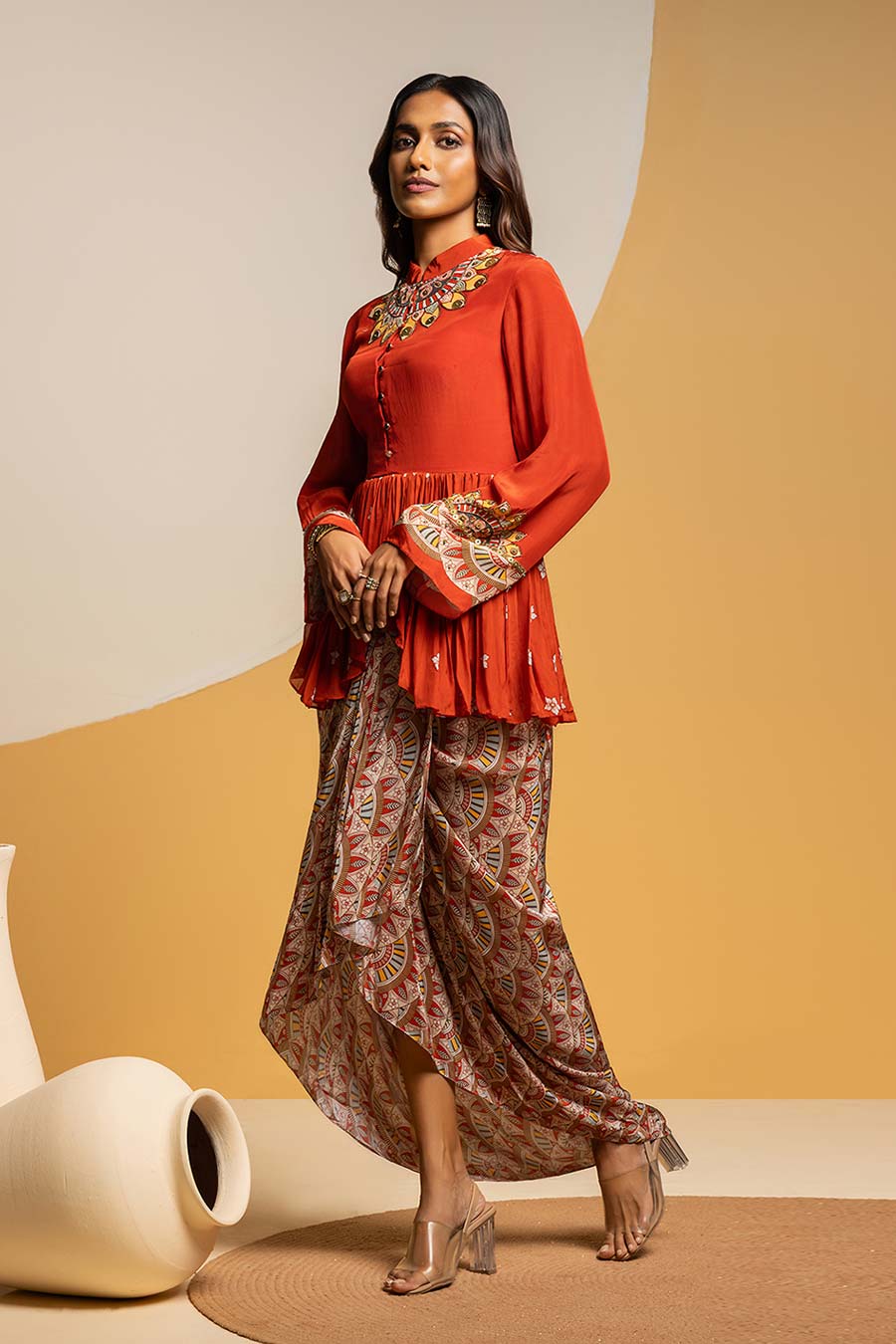 Taarani Embellished Top & Drape Skirt Set