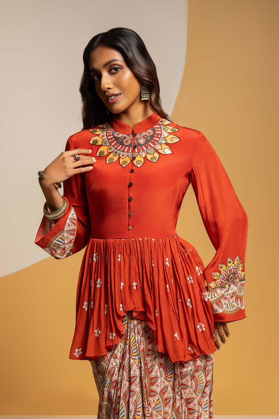Taarani Embellished Top & Drape Skirt Set