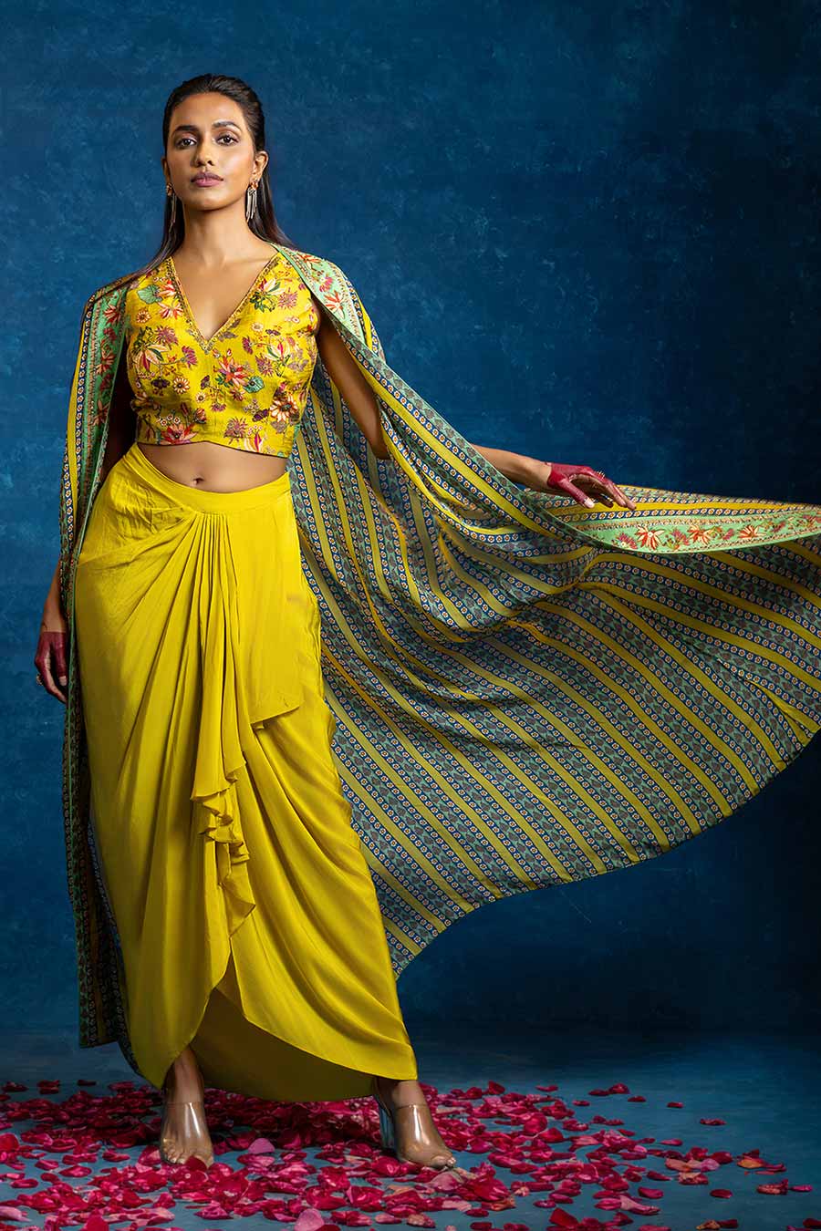 Aarani Yellow Embellished Skirt Set With Cape