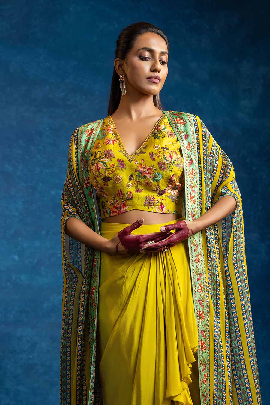 Aarani Yellow Embellished Skirt Set With Cape