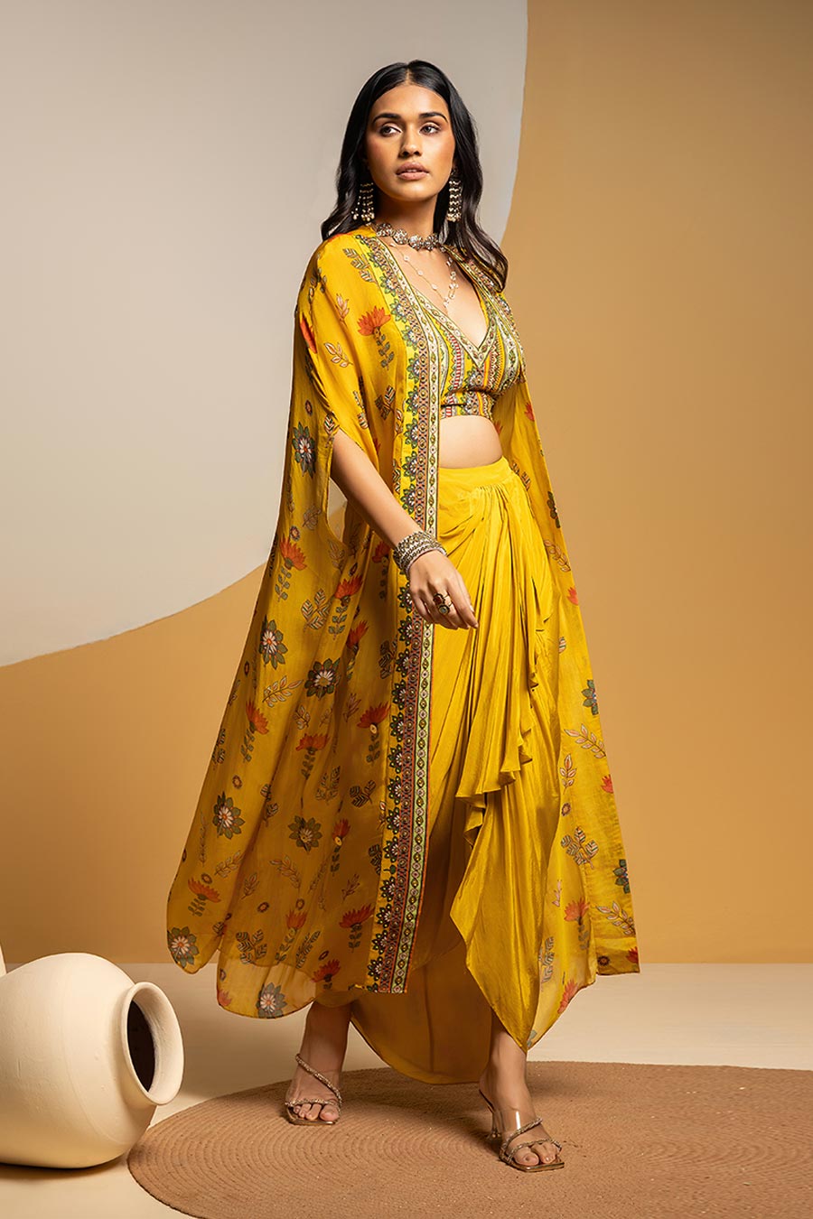 Taarani Embellished Drape Skirt Set With Cape