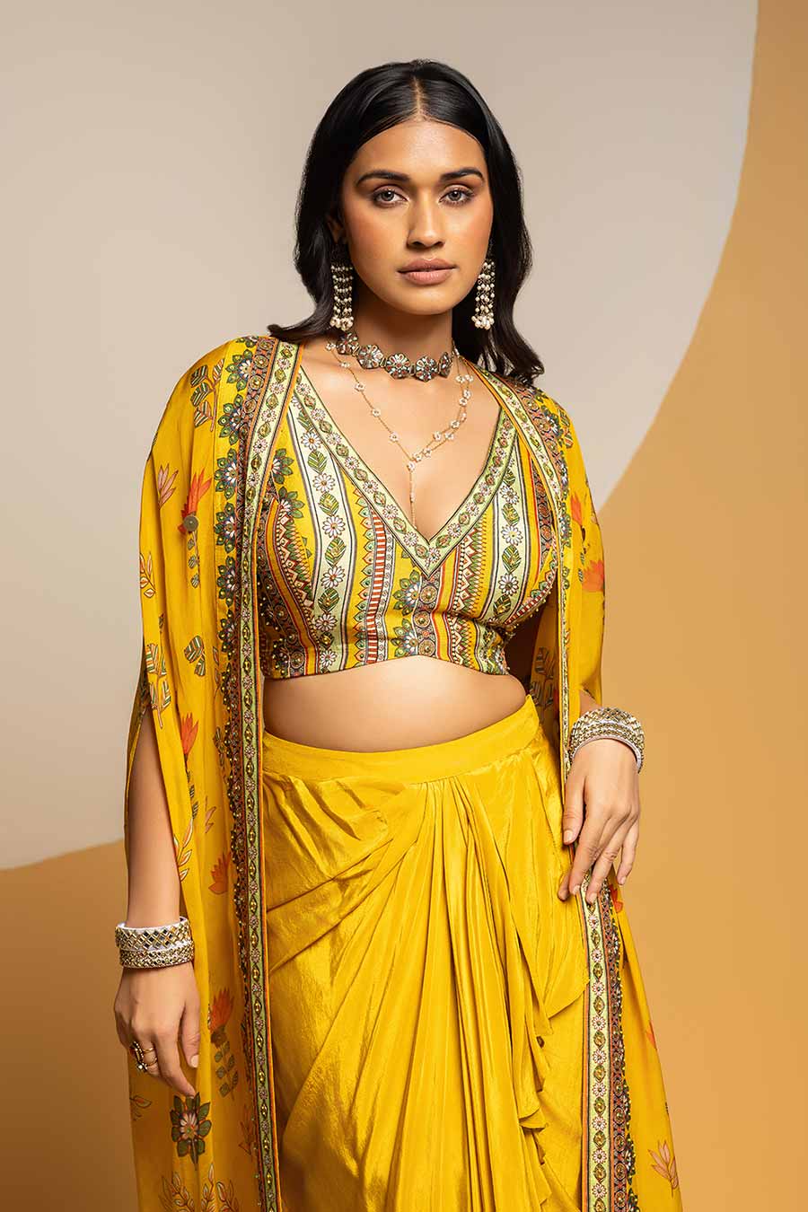 Taarani Embellished Drape Skirt Set With Cape