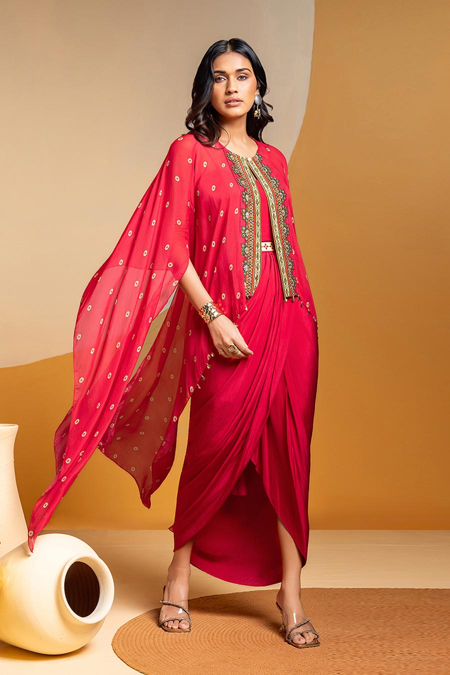 Taarani Pink Drape Dress With Embroidered Cape