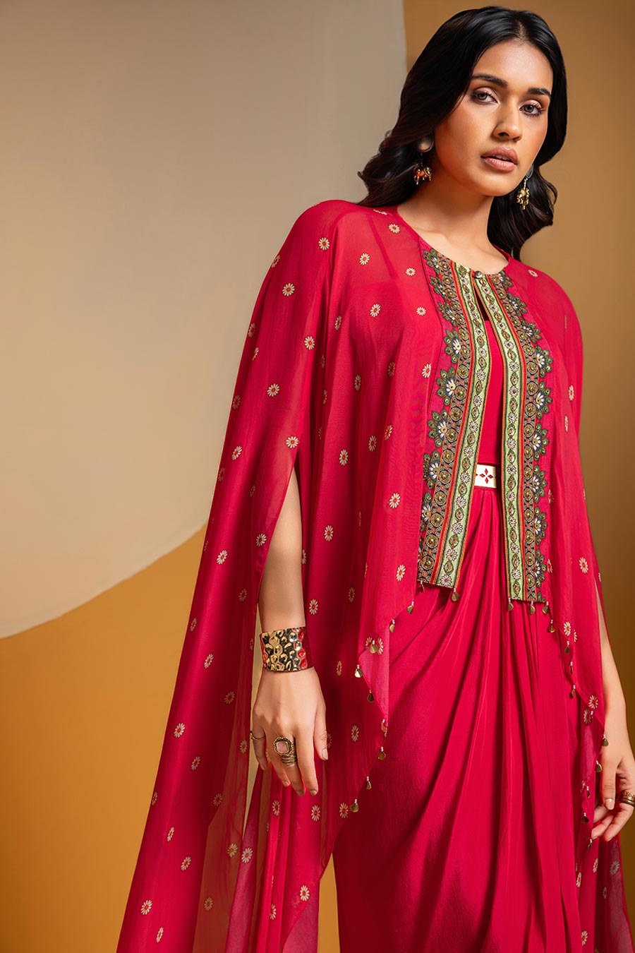 Taarani Pink Drape Dress With Embroidered Cape