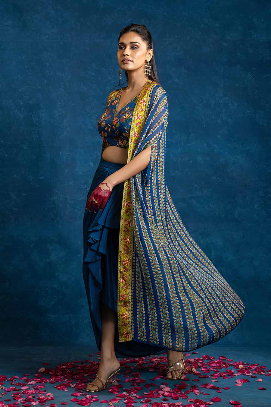 Aarani Blue Embellished Skirt Set With Cape