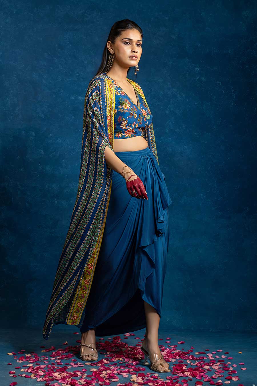 Aarani Blue Embellished Skirt Set With Cape