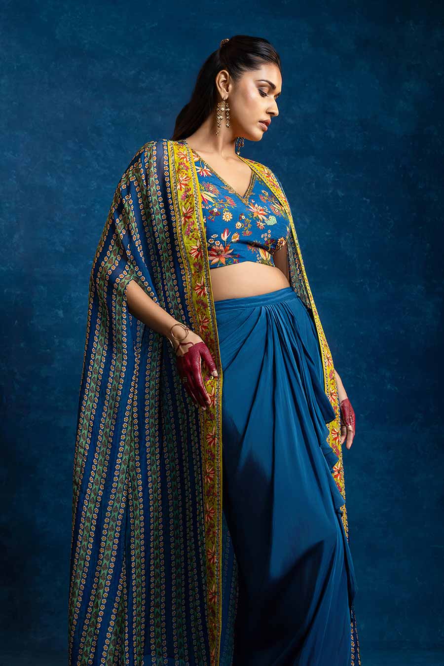 Aarani Blue Embellished Skirt Set With Cape