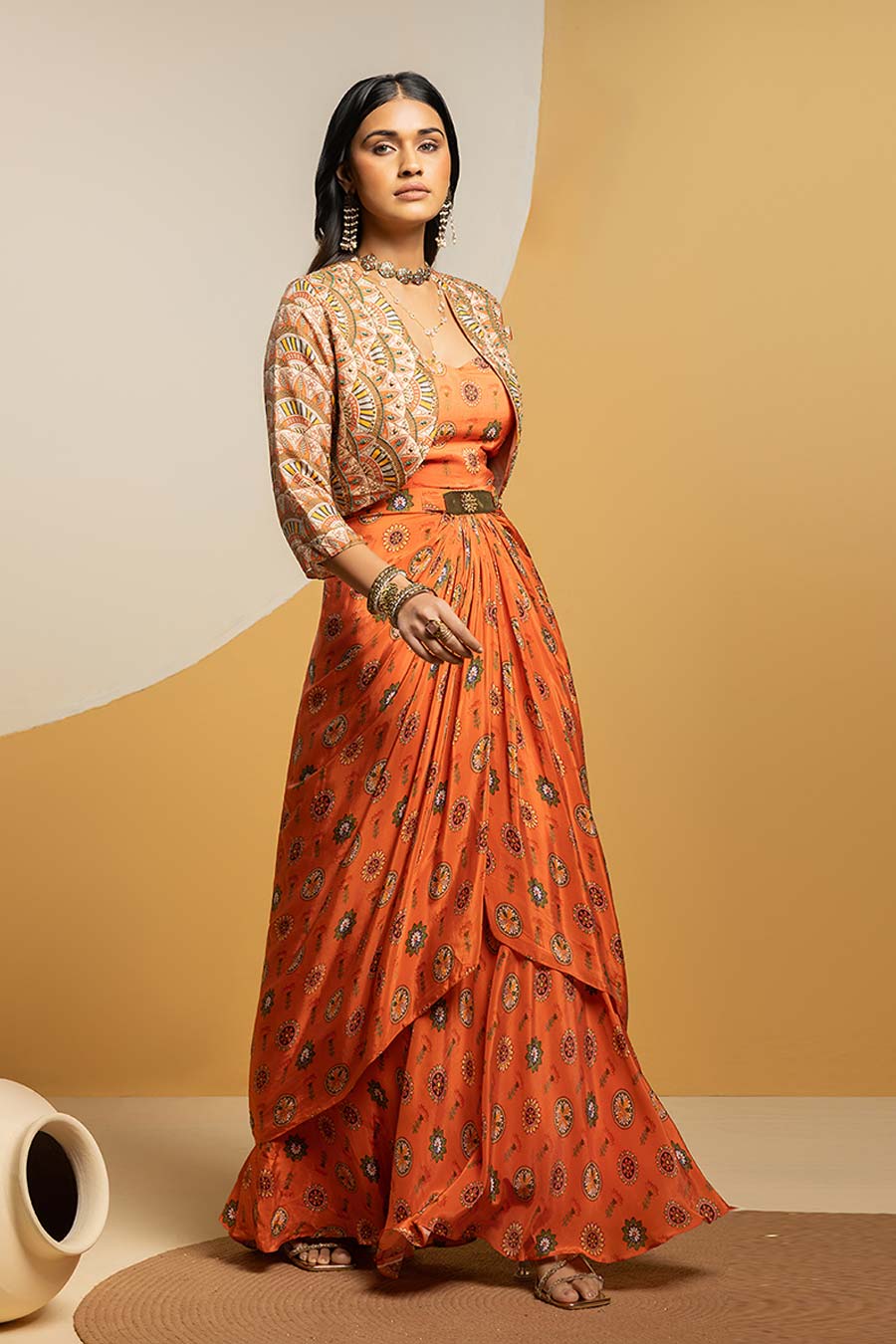 Taarani Embellished Drape Dress & Jacket Set