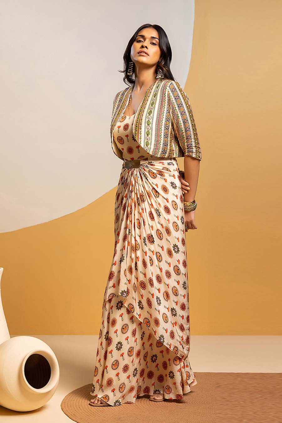 Taarani Embellished Drape Dress & Jacket Set