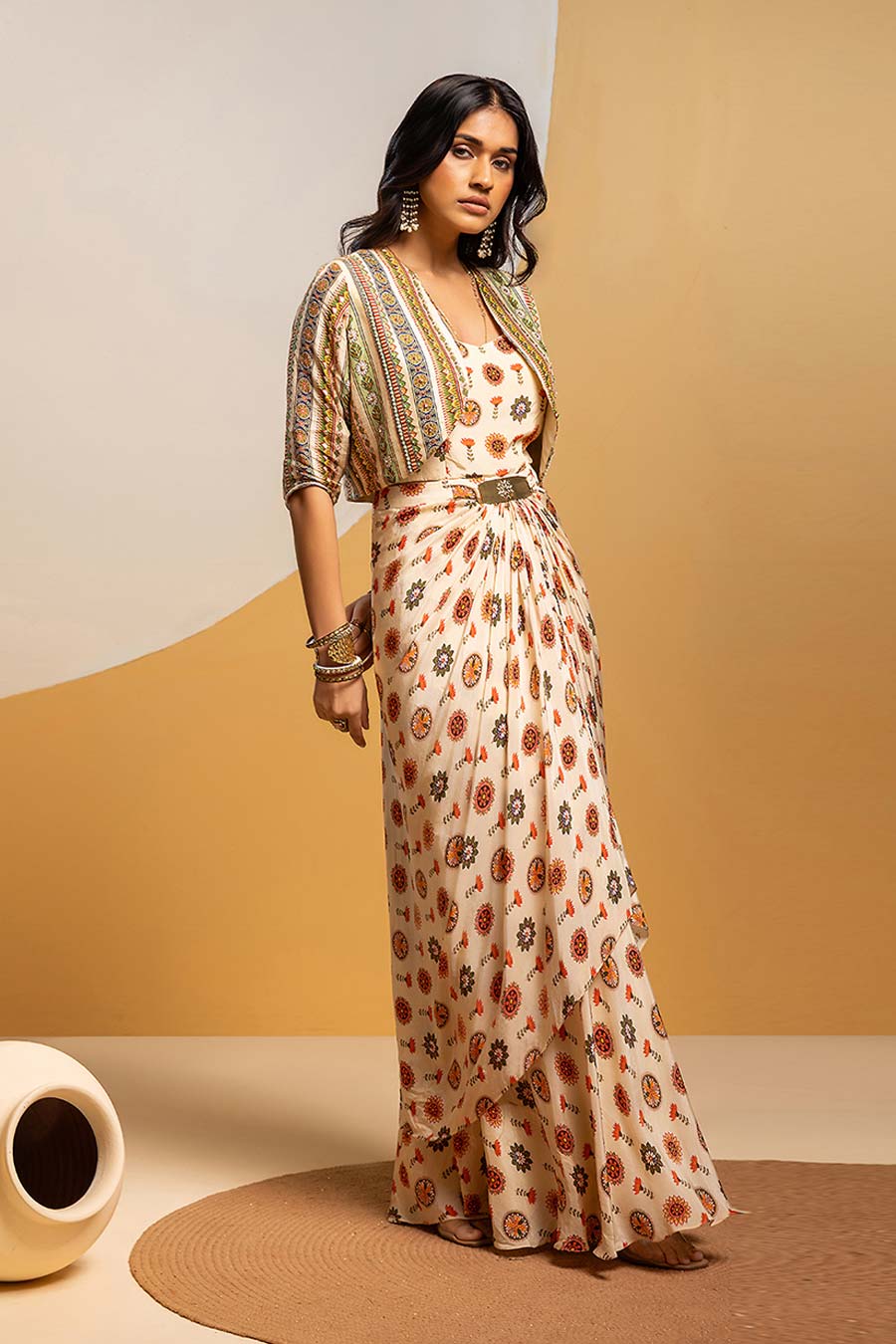 Taarani Embellished Drape Dress & Jacket Set