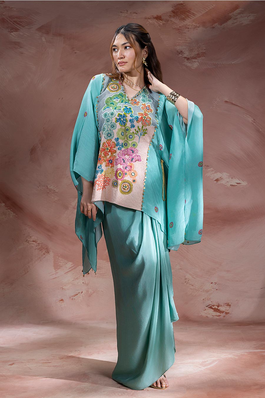 Blue Kaia Embellished Tunic & Drape Skirt Set