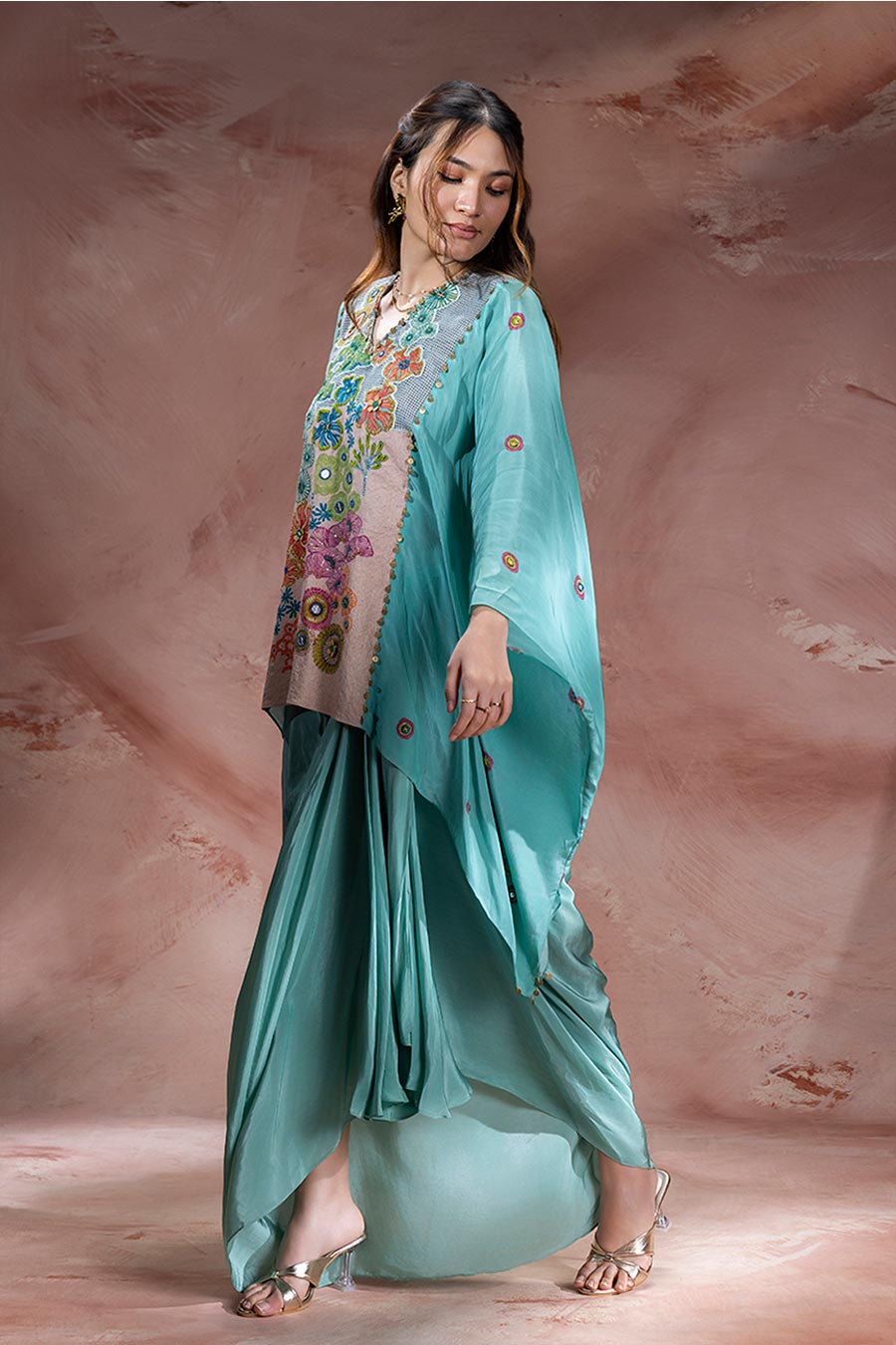 Blue Kaia Embellished Tunic & Drape Skirt Set