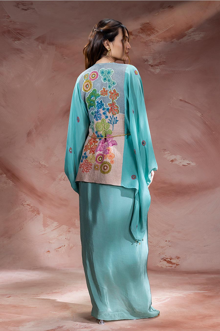 Blue Kaia Embellished Tunic & Drape Skirt Set