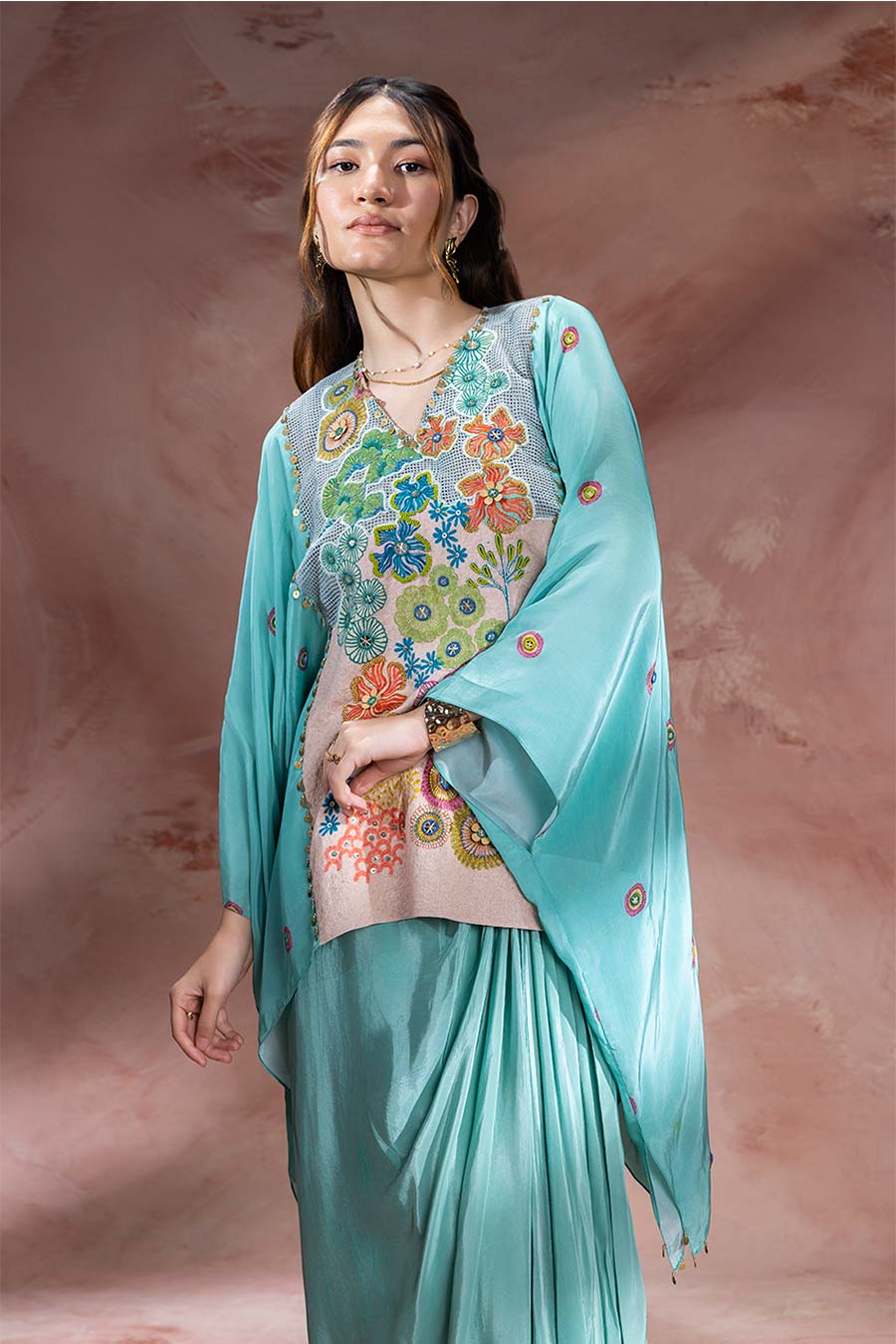 Blue Kaia Embellished Tunic & Drape Skirt Set