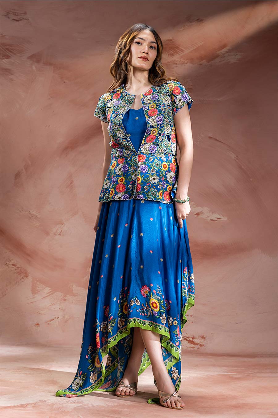 Blue Baghira Embroidered Handkerchief Dress With Jacket