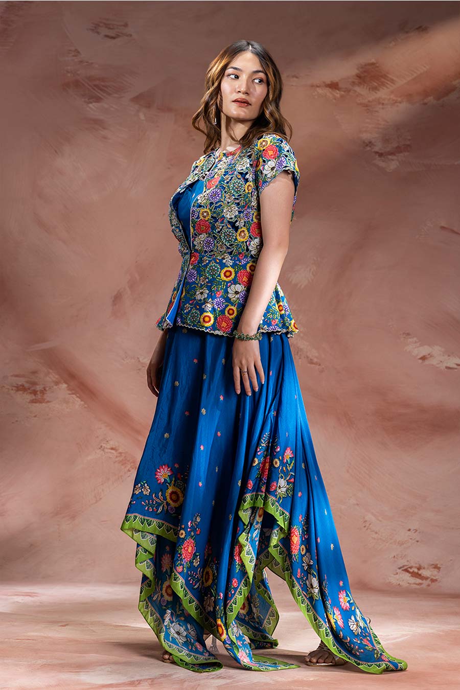 Blue Baghira Embroidered Handkerchief Dress With Jacket