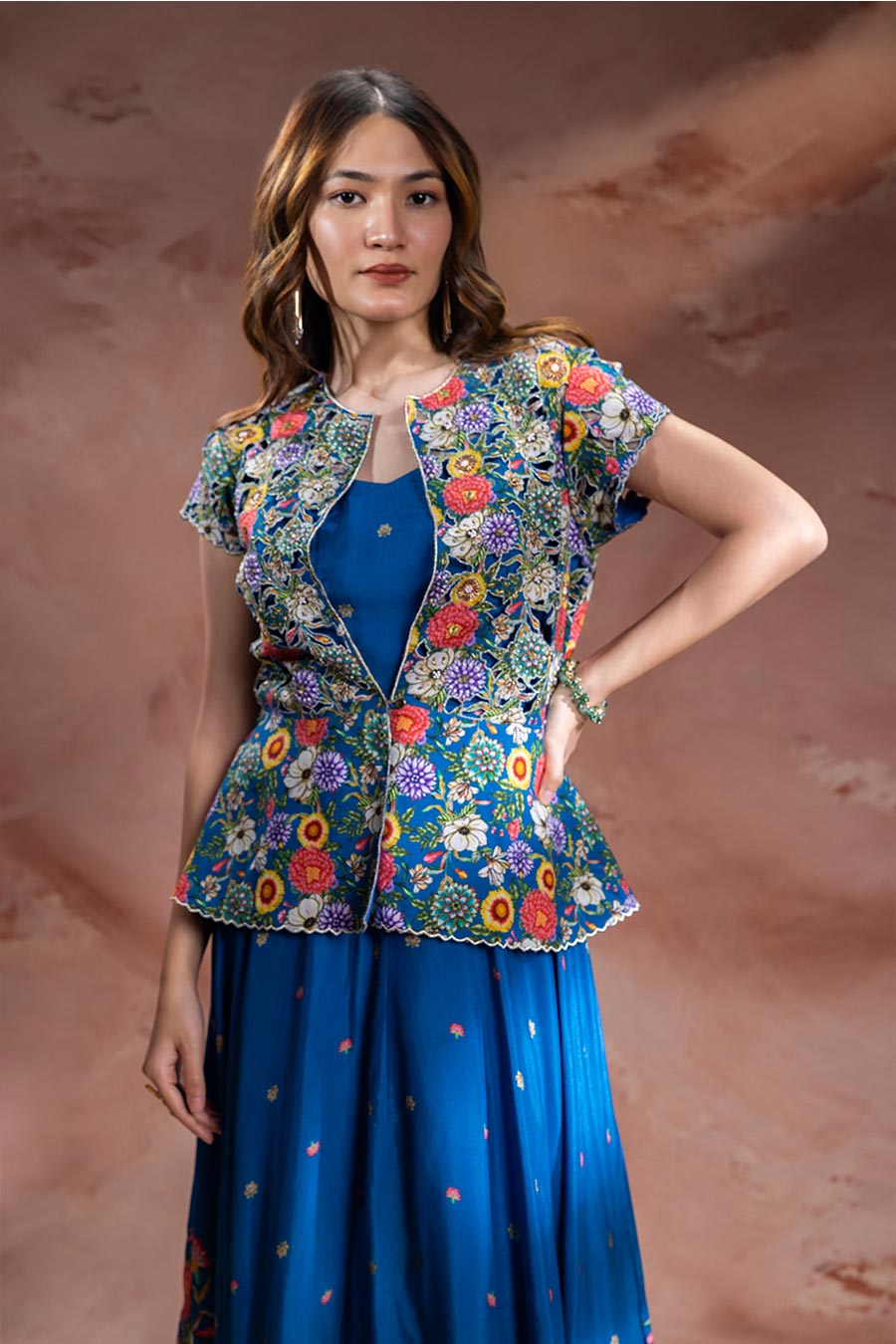 Blue Baghira Embroidered Handkerchief Dress With Jacket