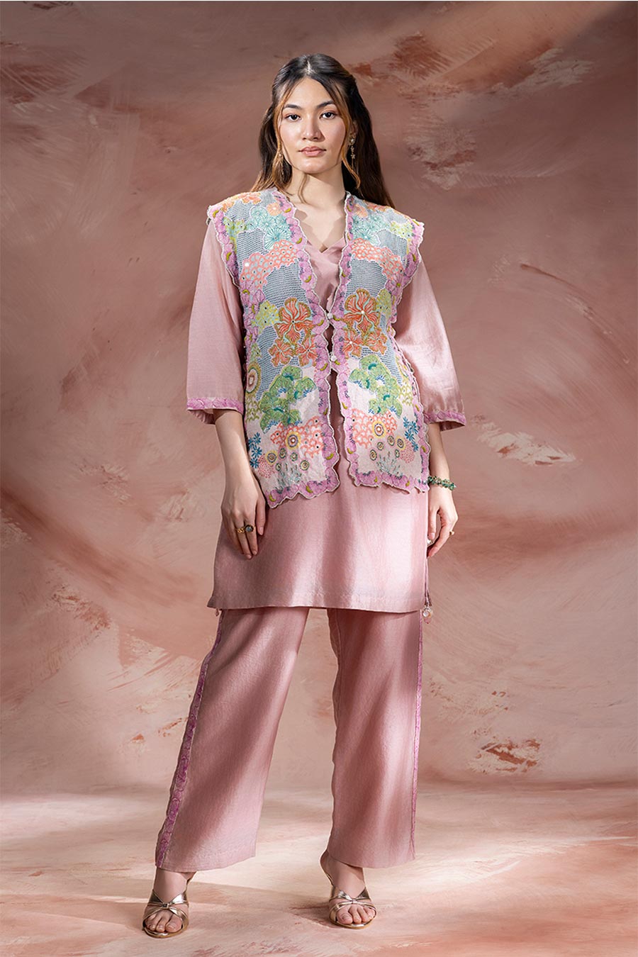 Pink Kaia Embroidered Kurta Set With Jacket