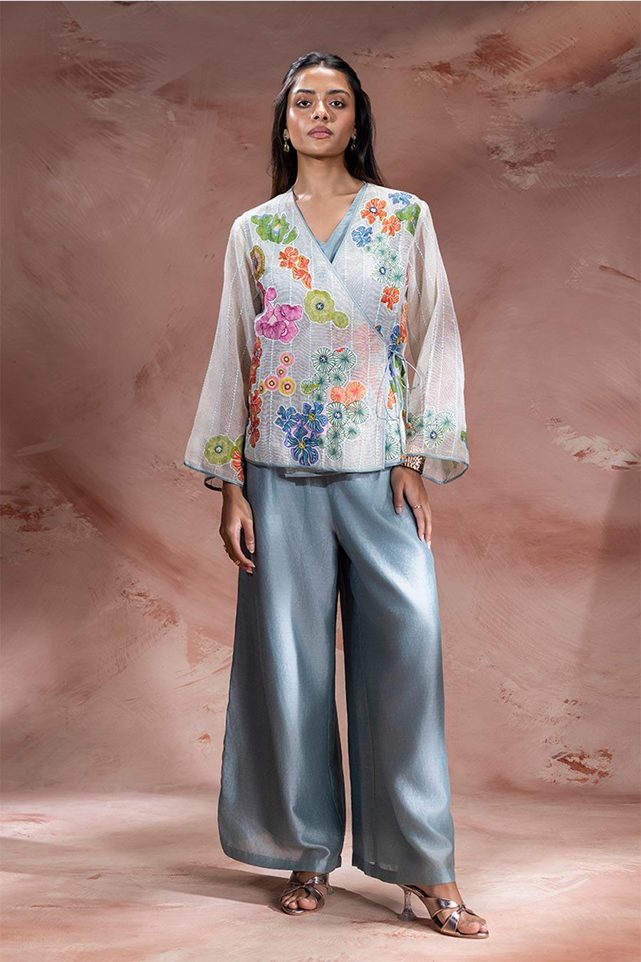 Blue Kaia Appliqué Angarkha & Pants Co-Ord Set
