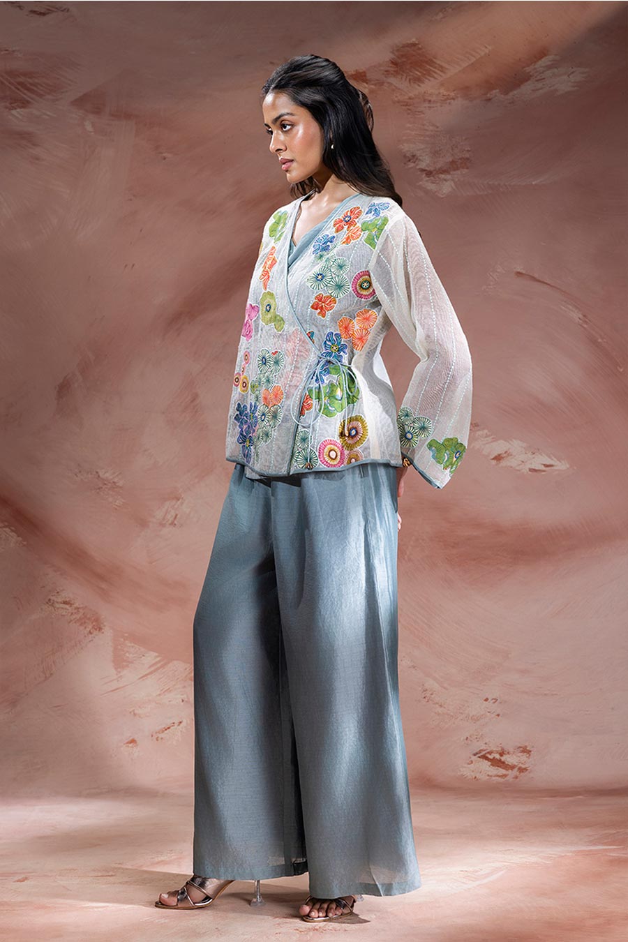 Blue Kaia Appliqué Angarkha & Pants Co-Ord Set