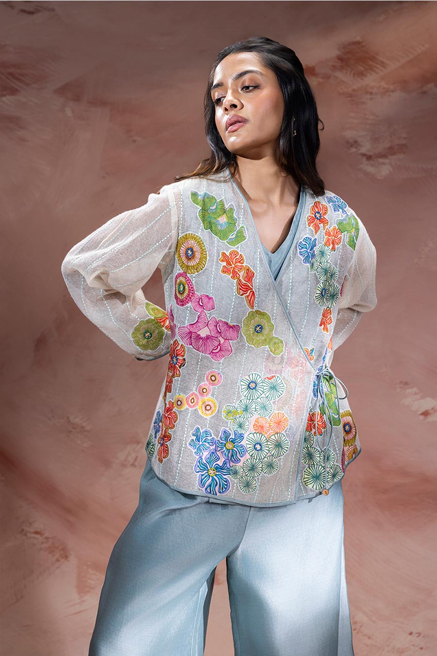 Blue Kaia Appliqué Angarkha & Pants Co-Ord Set