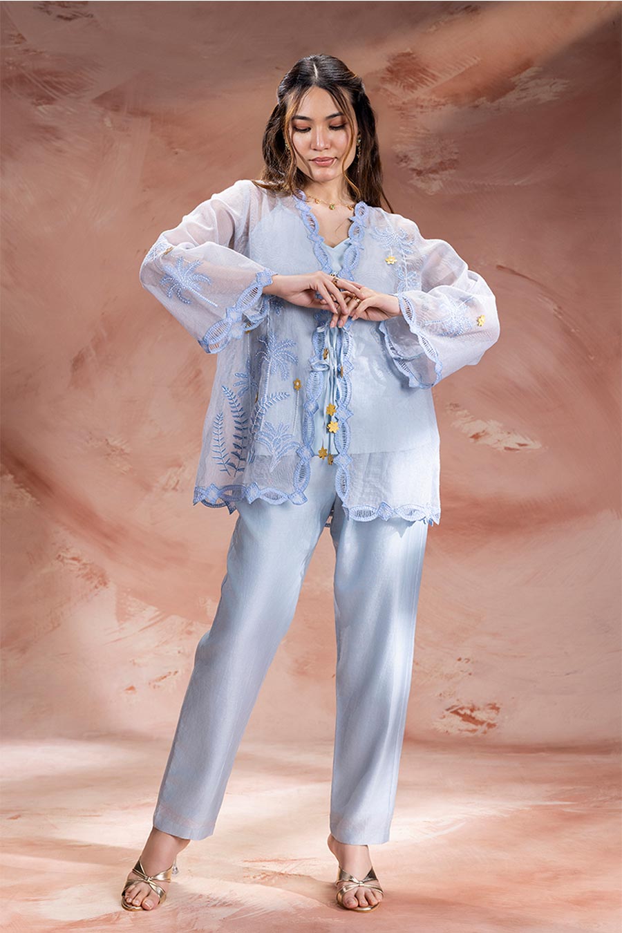 Blue Alisa Embroidered 3Pc Co-Ord Set
