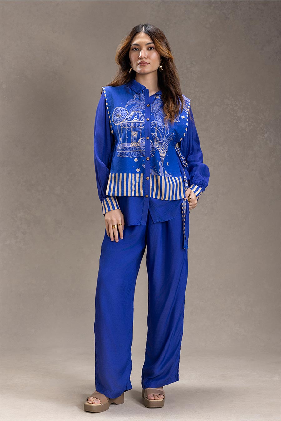 Blue Kyomi Printed Bib Shirt Co-Ord Set