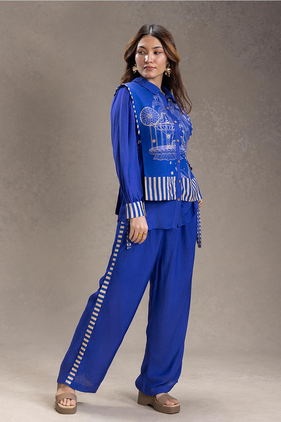 Blue Kyomi Printed Bib Shirt Co-Ord Set