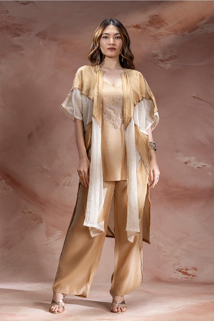 Beige Zinnia Appliqué Co-Ord Set With Jacket